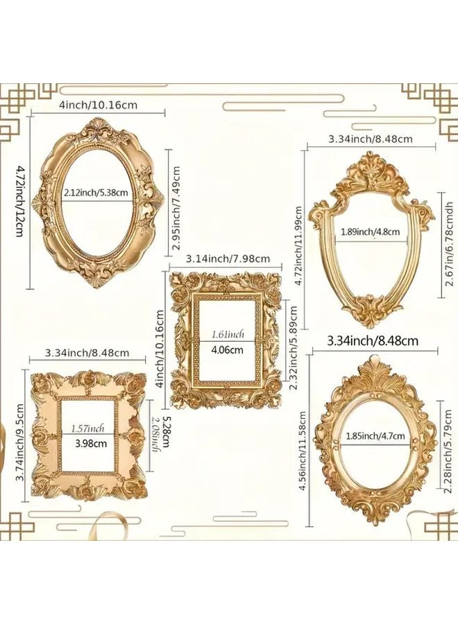 5 Piece Set Golden Resin Photo Frames Vintage Oval Rectangular Wall Tabletop Display - Image 3